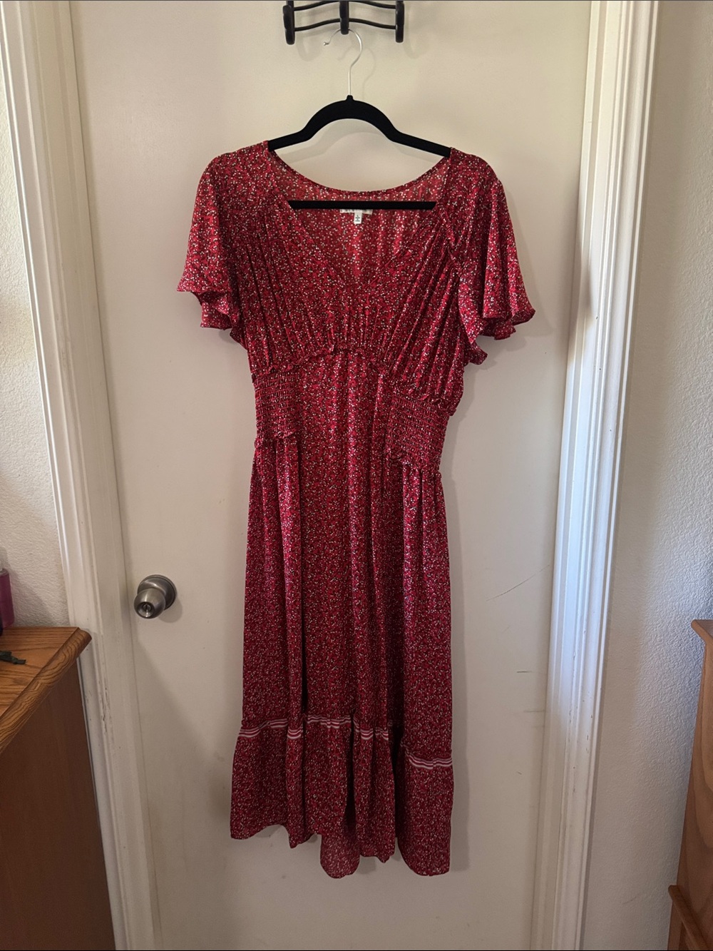 Max Studio Red Floral Midi Dress with Flutter Sleeves